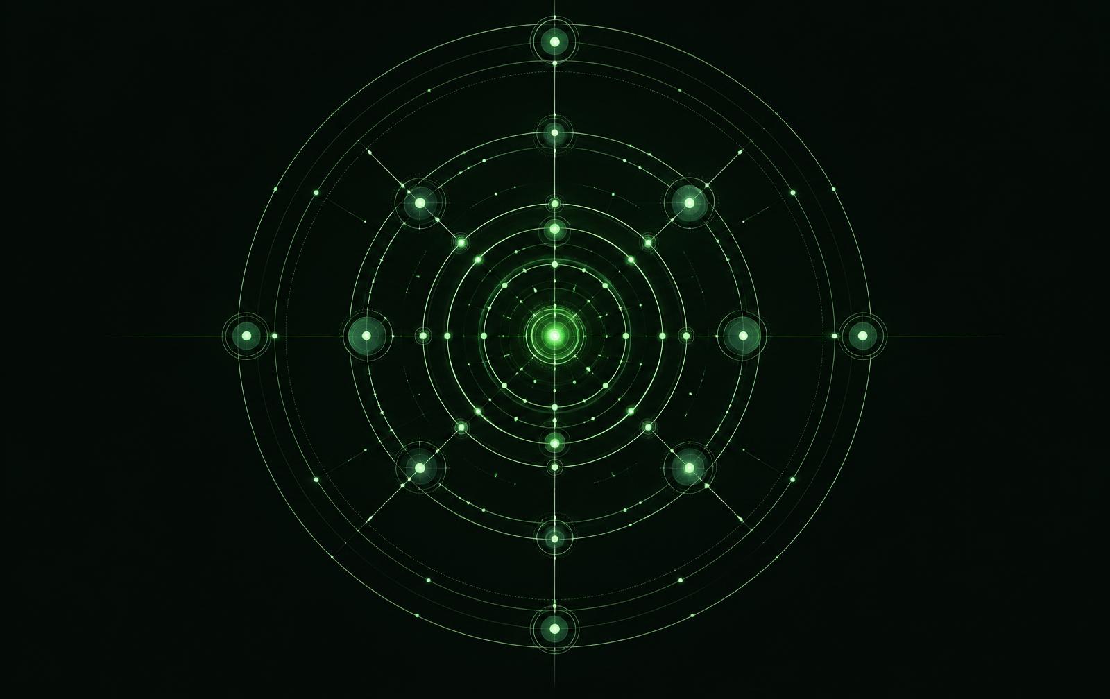 A glowing green schematic of the ecosystem blueprint: nested concentric layers with connected nodes