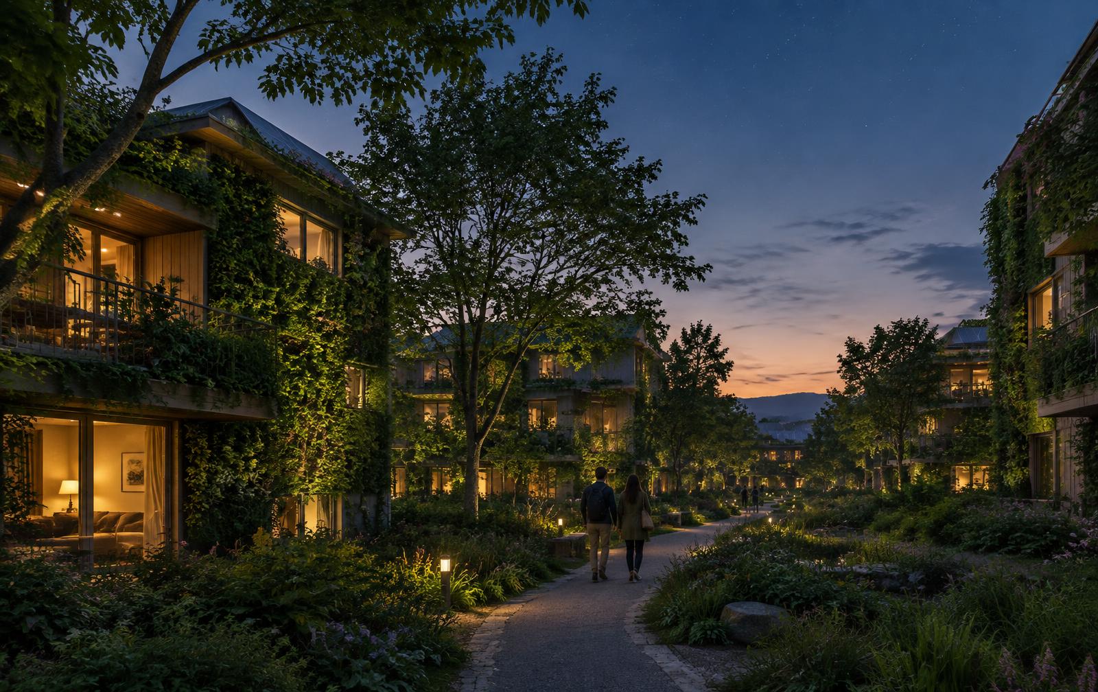 A sustainable neighborhood at dusk, homes covered in greenery under a starry sky